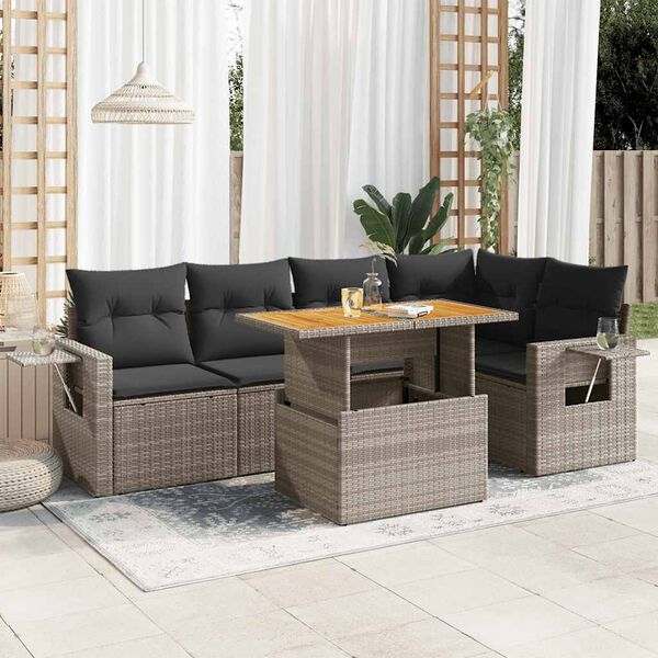 vidaXL Set de muebles de jard&iacute;n 6 pzas y cojines rat&aacute;n sint&eacute;tico gris