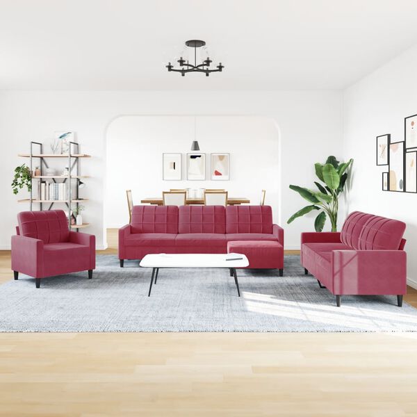 vidaXL Juego de sof&aacute;s con cojines 4 piezas terciopelo rojo tinto