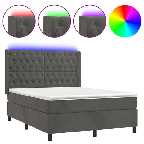 vidaXL Cama box spring colch&oacute;n y LED terciopelo gris oscuro 140x190 cm