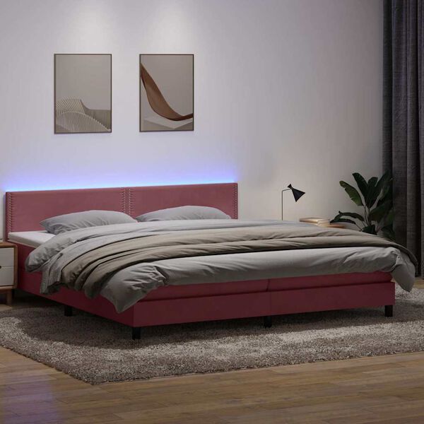 vidaXL Cama box spring con colch&oacute;n y LED terciopelo rosa 180x220 cm