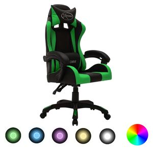 vidaXL Silla gaming con luces LED RGB cuero sint&eacute;tico verde y negro