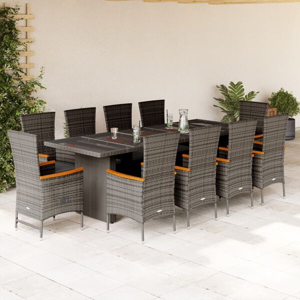 vidaXL Set de comedor de jard&iacute;n 11 pzas y cojines rat&aacute;n sint&eacute;tico gris