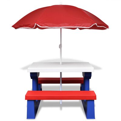 vidaXL Mesa de picnic y bancos para niños y sombrilla multicolor