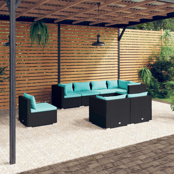 vidaXL Set de muebles de jard&iacute;n 8 pzas y cojines rat&aacute;n sint&eacute;tico negro