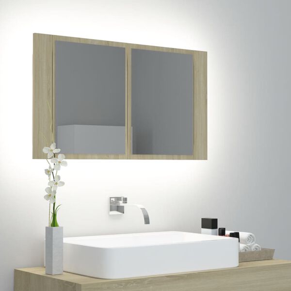 vidaXL Armario espejo de ba&ntilde;o LED acr&iacute;lico roble Sonoma 80x12x45 cm