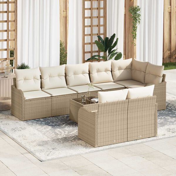 vidaXL Conjunto de sof&aacute; de jard&iacute;n 9 pcs Beige y rat&aacute;n sint&eacute;tico