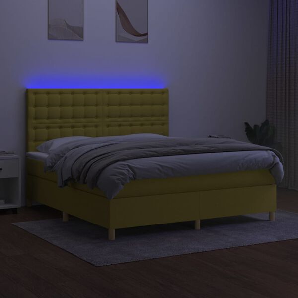 vidaXL Cama box spring colch&oacute;n y luces LED tela verde 180x200 cm