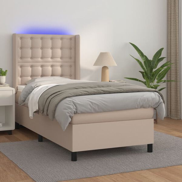 vidaXL Cama box spring colch&oacute;n LED cuero sint&eacute;tico capuchino 100x200cm