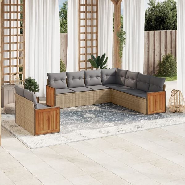 vidaXL Set de sof&aacute;s de jard&iacute;n 9 pzas con cojines rat&aacute;n sint&eacute;tico beige