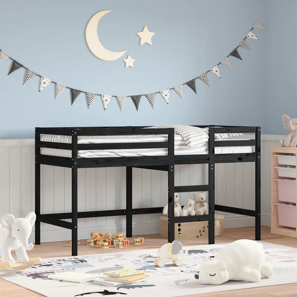 vidaXL Cama alta de ni&ntilde;os escalera madera maciza pino negra 80x200 cm