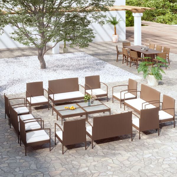 vidaXL Set muebles de jard&iacute;n 16 pzas y cojines rat&aacute;n sint&eacute;tico marr&oacute;n