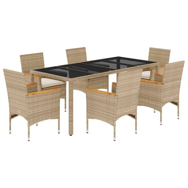 vidaXL Set comedor jard&iacute;n 7 pzas cojines rat&aacute;n sint&eacute;tico vidrio beige