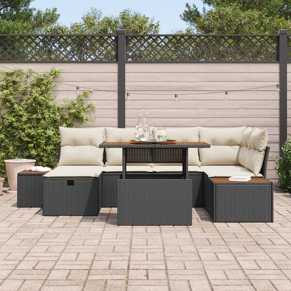 vidaXL Conjunto de sofá de jardín con cojín 7 pcs Negro Poliratán