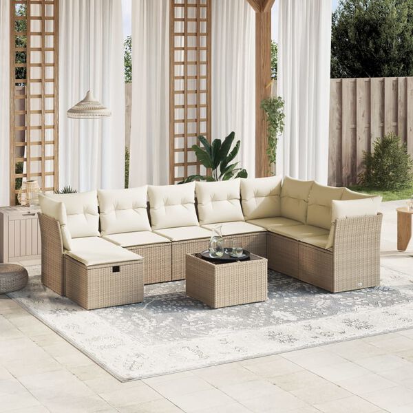 vidaXL Set de sof&aacute;s de jard&iacute;n 9 pzas con cojines rat&aacute;n sint&eacute;tico beige