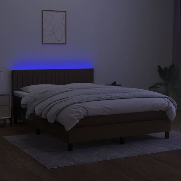 vidaXL Cama box spring colch&oacute;n luces LED tela marr&oacute;n oscuro 140x190 cm