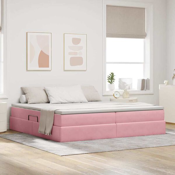 vidaXL Cama con almacenamiento y colch&oacute;n Rosa 200 x 200 cm Terciopelo