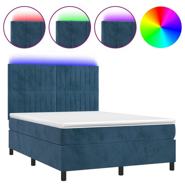 vidaXL Cama box spring colch&oacute;n y LED terciopelo azul oscuro 140x200 cm