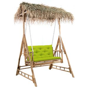 vidaXL Banco columpio de 2 plazas hojas de palma y coj&iacute;n bamb&uacute; 202 cm