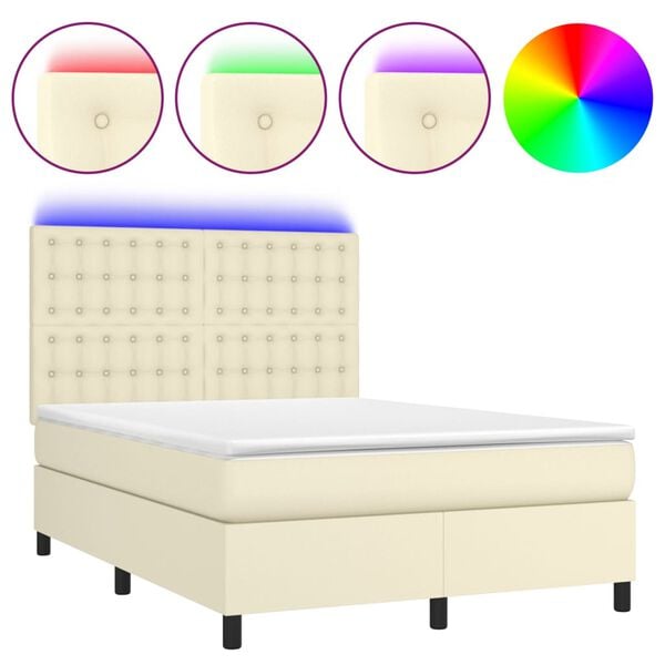 vidaXL Cama box spring colch&oacute;n y LED cuero sint&eacute;tico crema 140x190 cm