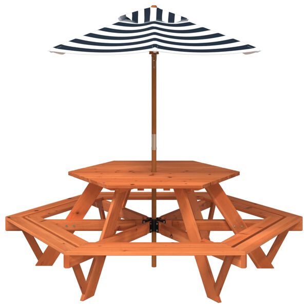 vidaXL Mesa de picnic hexagonal 6 ni&ntilde;os agujero sombrilla madera abeto