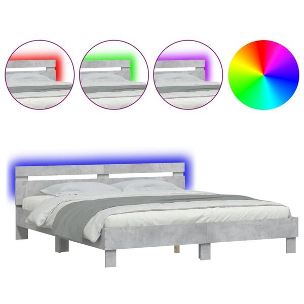 vidaXL Estructura de cama cabecero y luces LED gris hormig&oacute;n 200x200cm