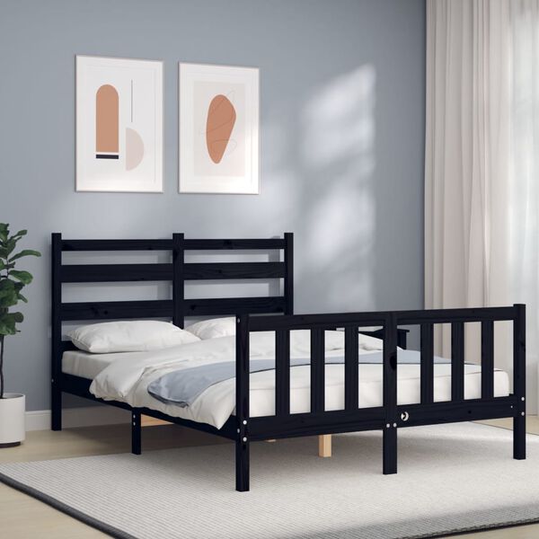 vidaXL Estructura cama de matrimonio con cabecero madera maciza negro