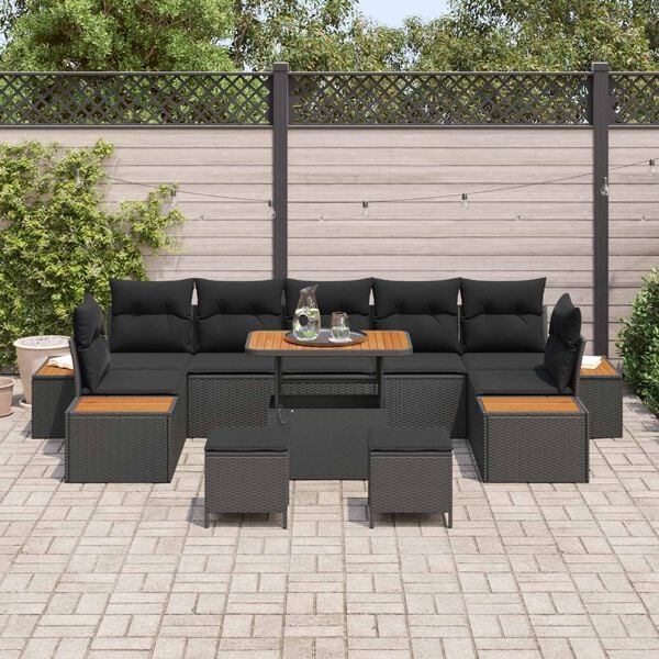 vidaXL Conjunto de sof&aacute;s de jard&iacute;n con coj&iacute;n 10 pcs Negro Polirat&aacute;n