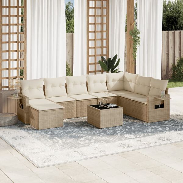 vidaXL Set de sof&aacute;s de jard&iacute;n 9 pzas con cojines rat&aacute;n sint&eacute;tico beige
