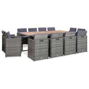 vidaXL Set comedor de jard&iacute;n 13 piezas y cojines rat&aacute;n sint&eacute;tico gris