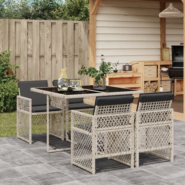 vidaXL Set comedor de jard&iacute;n 5 pzas cojines rat&aacute;n sint&eacute;tico gris claro