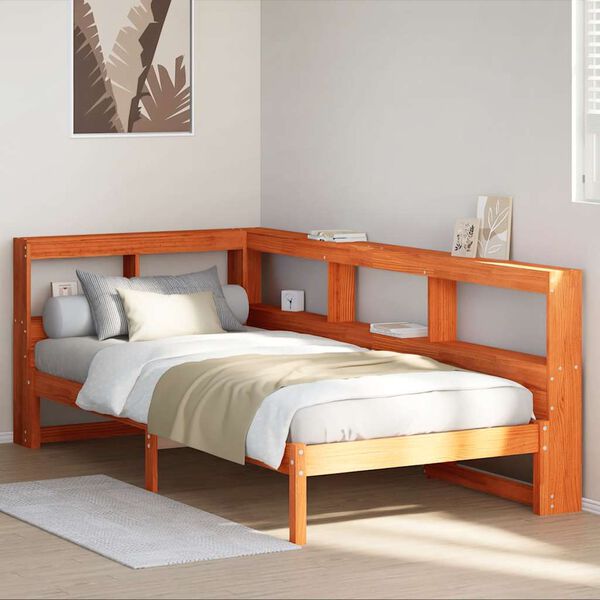 vidaXL Cama con estanter&iacute;a sin colch&oacute;n madera maciza marr&oacute;n 100x200 cm