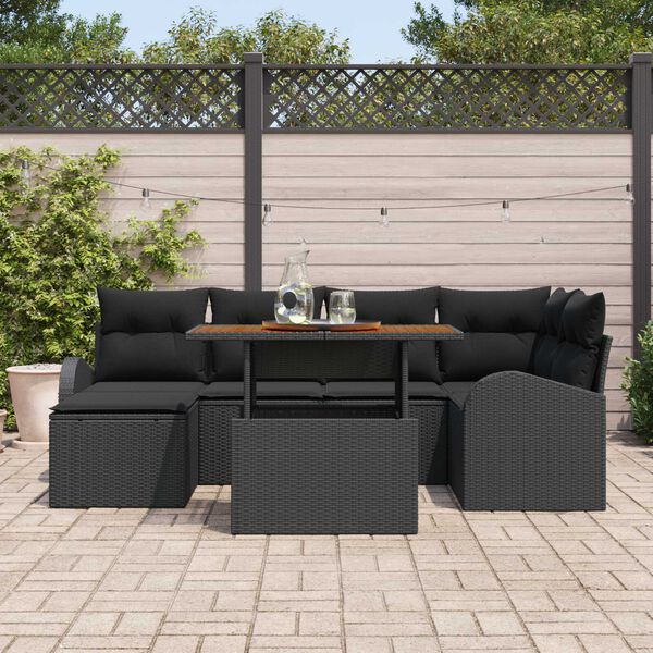 vidaXL Conjunto de sof&aacute; de jard&iacute;n 7 pcs Negro Polirat&aacute;n