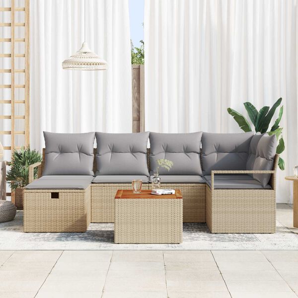 vidaXL Conjunto de sof&aacute; de jard&iacute;n con coj&iacute;n 7 pcs Beige Polirat&aacute;n