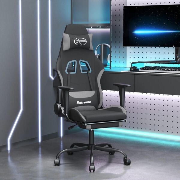 vidaXL Silla gaming con reposapi&eacute;s tela gris claro y negro