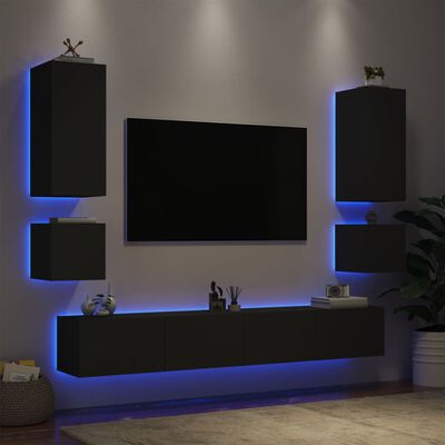 vidaXL Muebles de TV de pared con luces LED 6 piezas negro