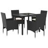vidaXL Set comedor jard&iacute;n 5 pzas cojines rat&aacute;n sint&eacute;tico vidrio negro
