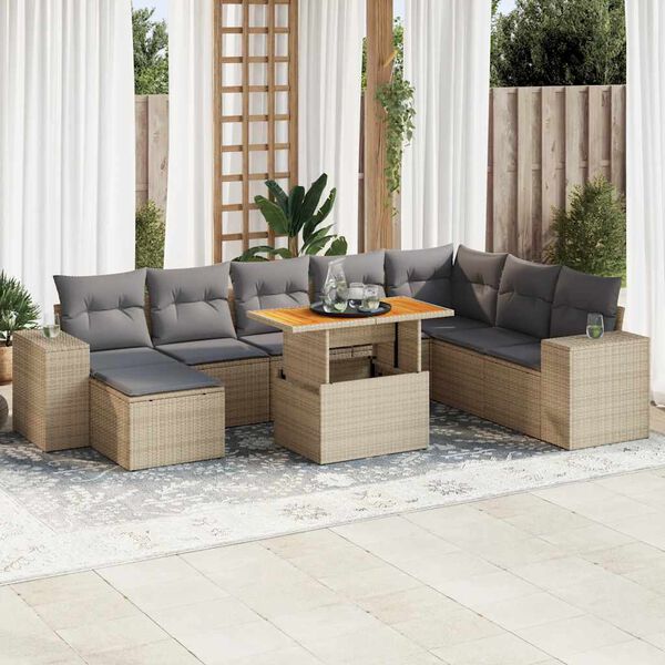vidaXL Set sof&aacute;s jard&iacute;n y cojines 9 pzas rat&aacute;n sint&eacute;tico acacia beige