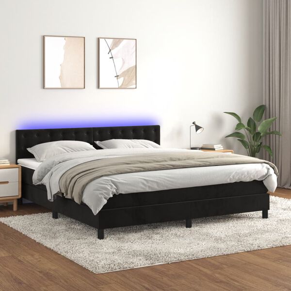 vidaXL Cama box spring colch&oacute;n y LED terciopelo negro 180x200 cm