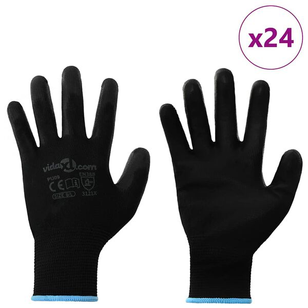vidaXL Guantes de Trabajo 24 pcs Negro 9 / l Poli&eacute;ster