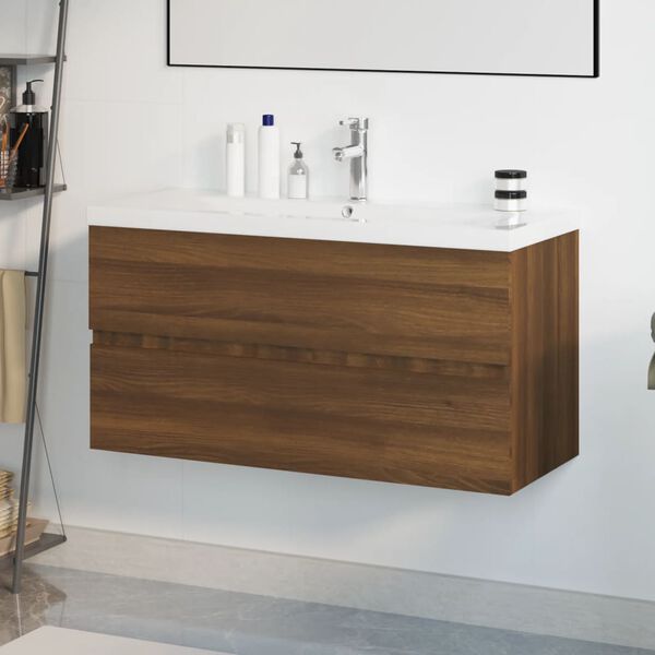 vidaXL Mueble de ba&ntilde;o con lavabo madera contrachapada marr&oacute;n roble