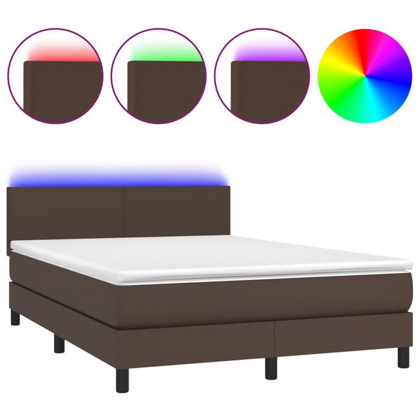 vidaXL Cama box spring colch&oacute;n y LED cuero sint&eacute;tico marr&oacute;n 140x190 cm