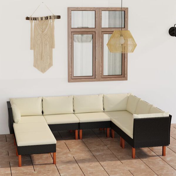 vidaXL Set de muebles de jard&iacute;n 8 pzas cojines rat&aacute;n sint&eacute;tico negro