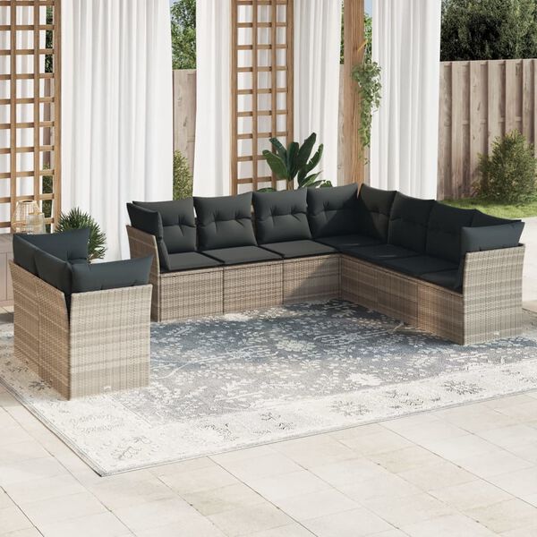 vidaXL Set muebles jard&iacute;n 9 pzas y cojines rat&aacute;n sint&eacute;tico gris claro