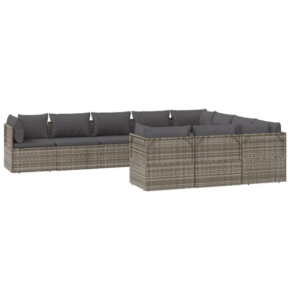 vidaXL Set de muebles de jard&iacute;n 10 pzas y cojines rat&aacute;n sint&eacute;tico gris