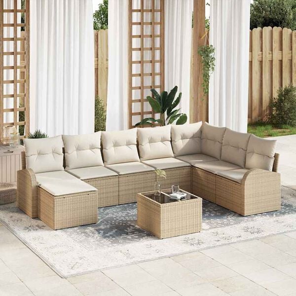 vidaXL Conjunto de sofá de jardín con cojín 9 pcs Beige Poliratán