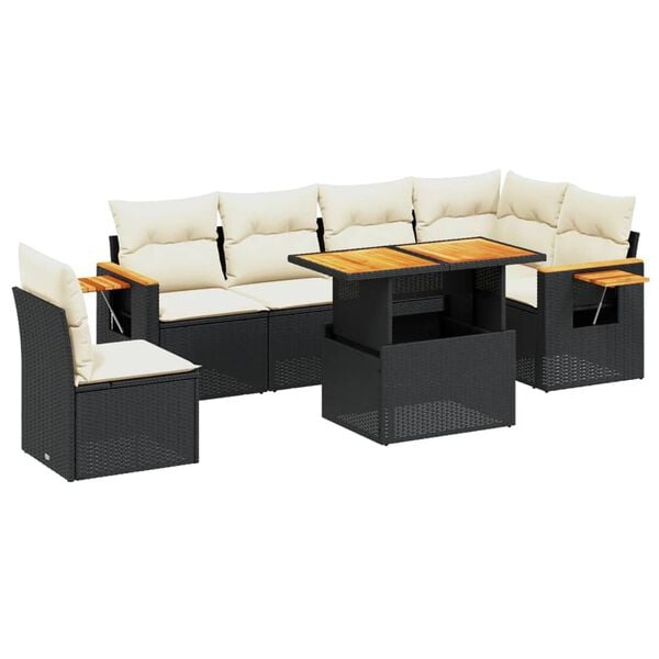 vidaXL Set de comedor de jard&iacute;n 7 pzas y cojines rat&aacute;n sint&eacute;tico negro