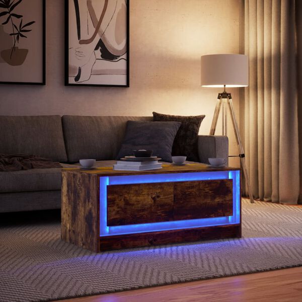 vidaXL Mesa de centro con luces LED madera de ingenier&iacute;a roble ahumado