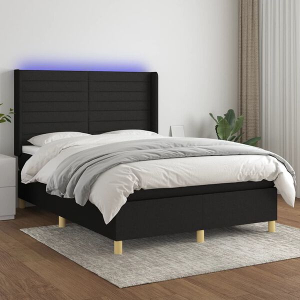vidaXL Cama box spring colch&oacute;n y luces LED tela negro 140x200 cm