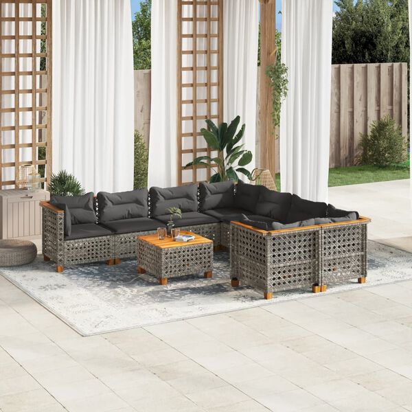 vidaXL Set de muebles de jard&iacute;n 9 pzas y cojines rat&aacute;n sint&eacute;tico gris