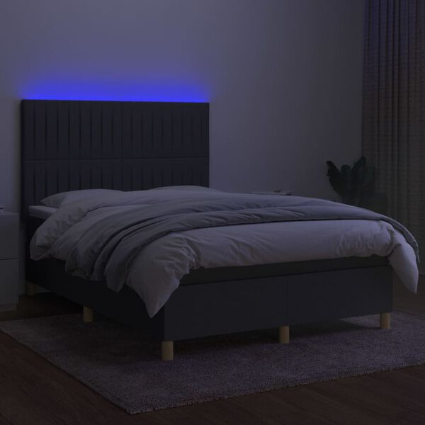 vidaXL Cama box spring colch&oacute;n y luces LED tela gris oscuro 140x200 cm